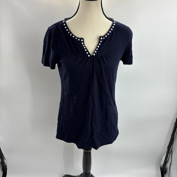 Talbots Womens Size P Petite Top Navy Blue Short Sleeve Emboidered Neckline - Picture 1 of 6